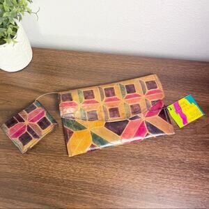 Mediterranean trading co geometric leather wallet and coin pouch two piece set